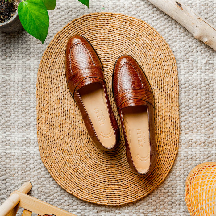 Zelli Rossi Genuine Teju Lizard Apron Toe Slip-On Loafer in Cognac
