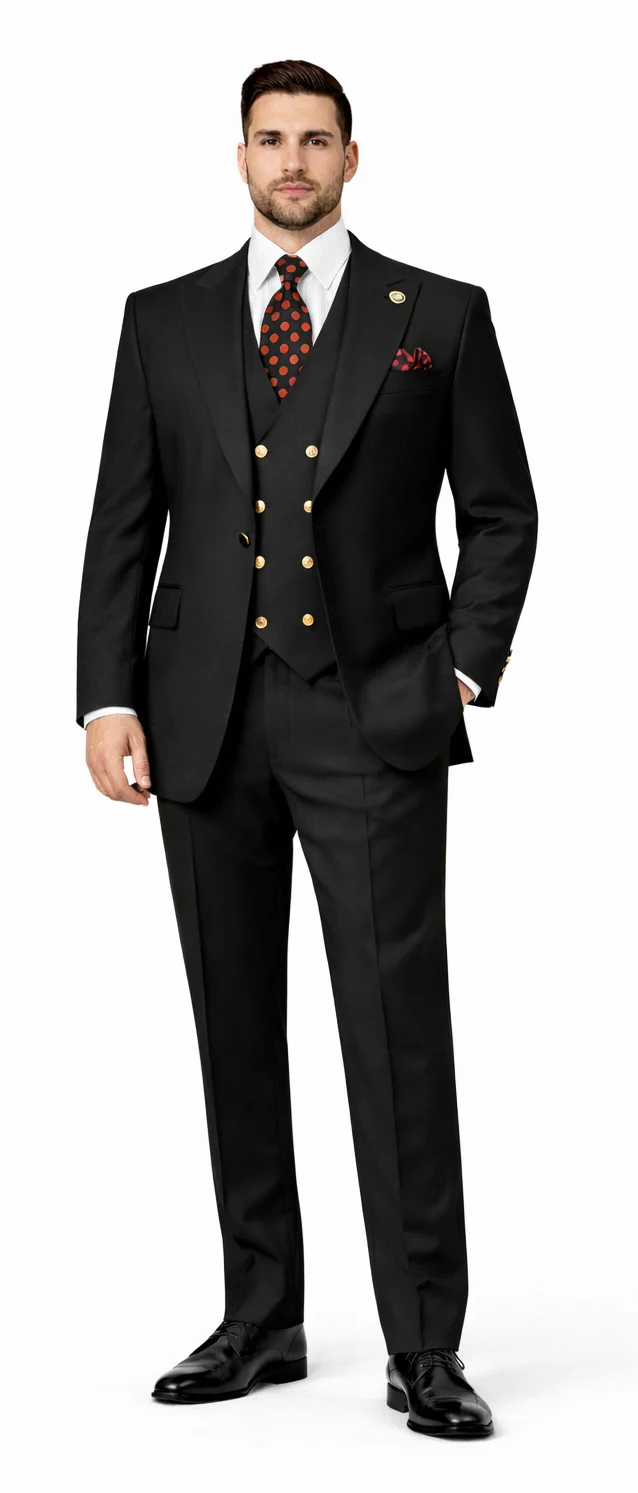 Rossiman Brand Black Suits - 1 Button Suit Peak Lapel Double Breasted Vest