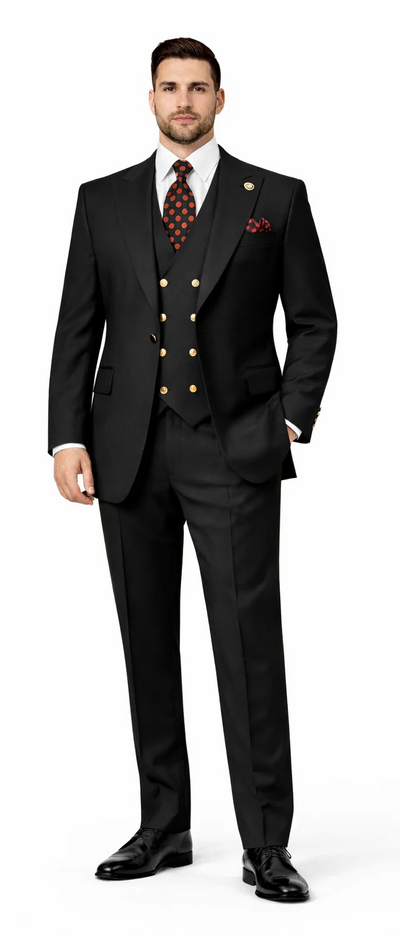 Rossiman Black Suit for Men – Classic 1-Button Peak Lapel Jacket & Double-Breasted Vest