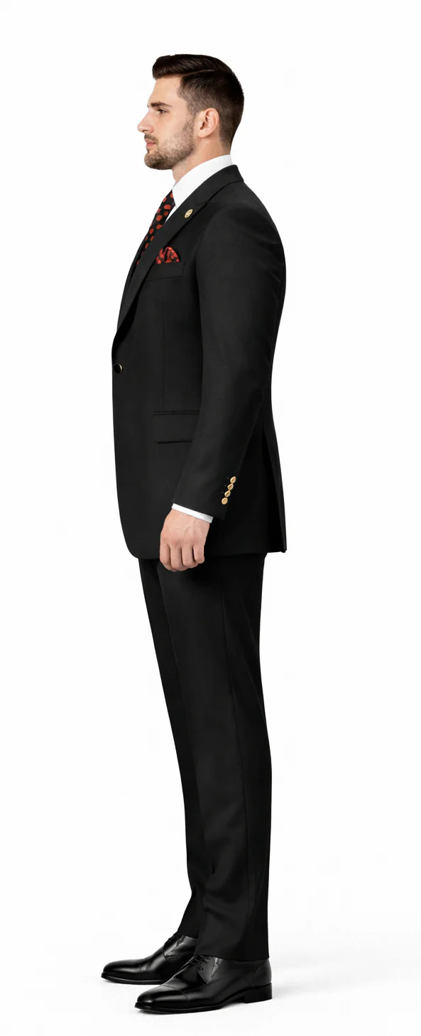 Rossiman Black Suit for Men – Classic 1-Button Peak Lapel Jacket & Double-Breasted Vest