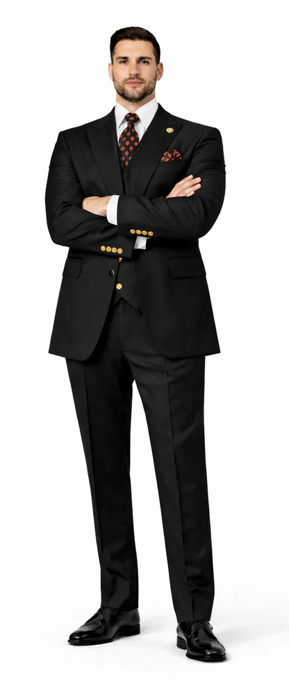 Rossiman Brand Black Suits - 1 Button Suit Peak Lapel Double Breasted Vest