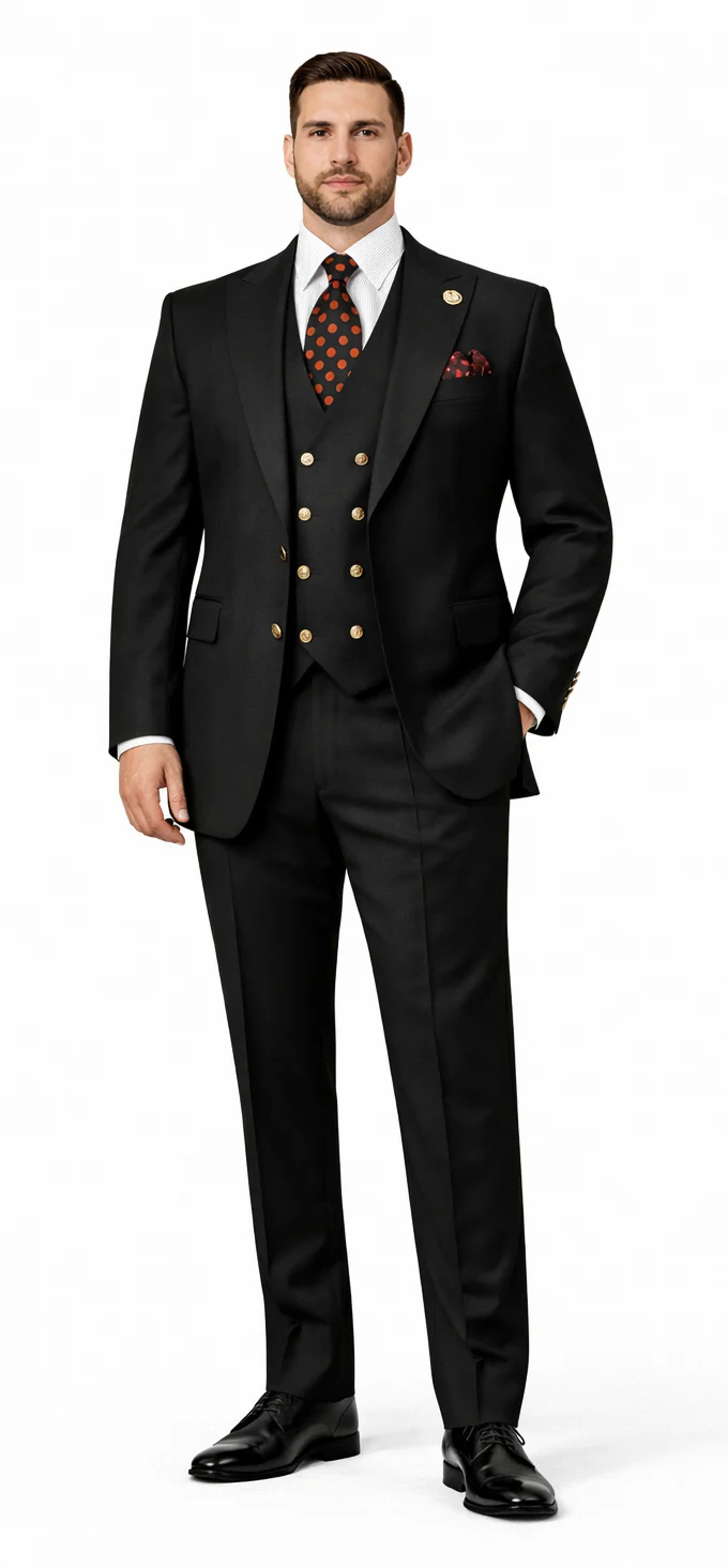 Rossiman Brand Black Suits - 1 Button Suit Peak Lapel Double Breasted Vest