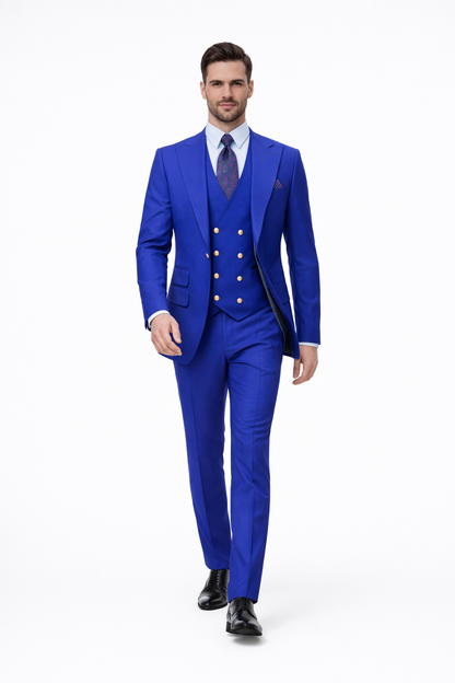 Rossiman Brand Royal Blue Suits - 1 Button Suit Peak Lapel Double Breasted Vest
