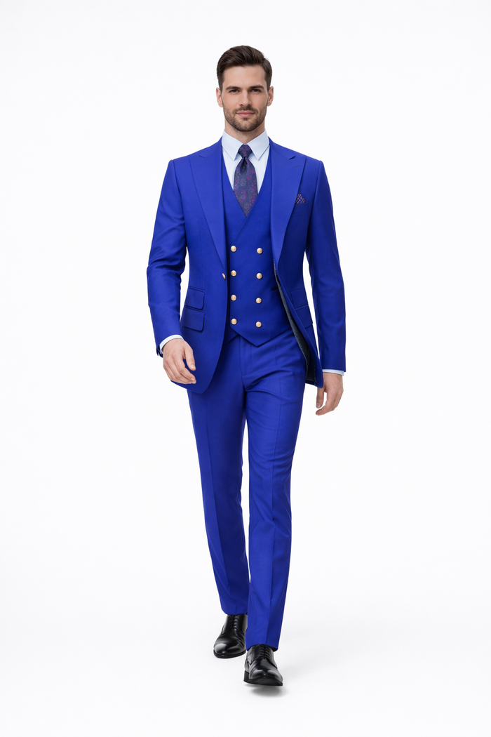 Rossiman Brand Royal Blue Suits - 1 Button Suit Peak Lapel Double Breasted Vest