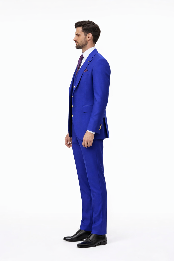 Rossiman Brand Royal Blue Suits - 1 Button Suit Peak Lapel Double Breasted Vest