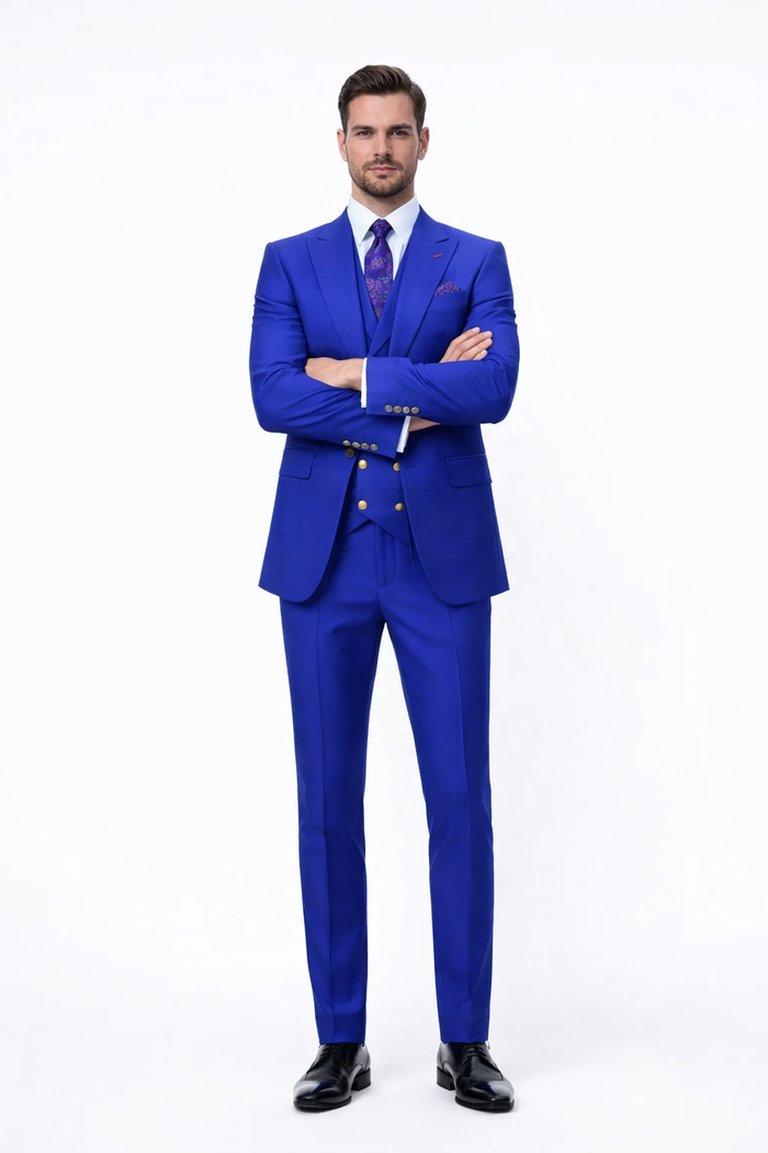 Rossiman Brand Royal Blue Suits - 1 Button Suit Peak Lapel Double Breasted Vest