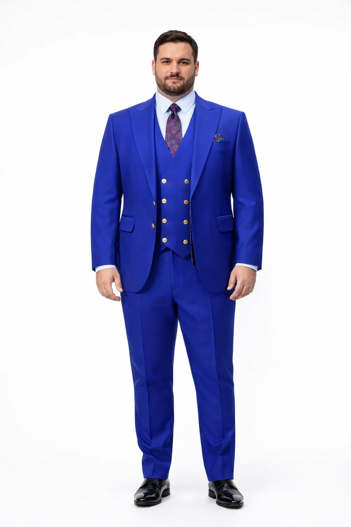 Rossiman Brand Royal Blue Suits - 1 Button Suit Peak Lapel Double Breasted Vest