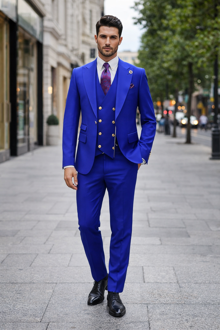 Rossiman Brand Royal Blue Suits - 1 Button Suit Peak Lapel Double Breasted Vest