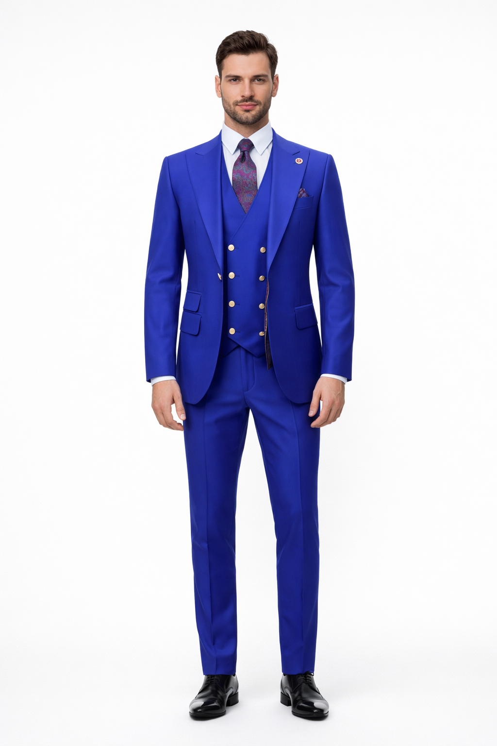 Rossiman Brand Royal Blue Suits - 1 Button Suit Peak Lapel Double Breasted Vest
