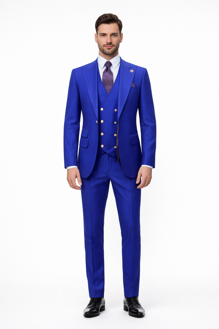 Rossiman Brand Royal Blue Suits - 1 Button Suit Peak Lapel Double Breasted Vest