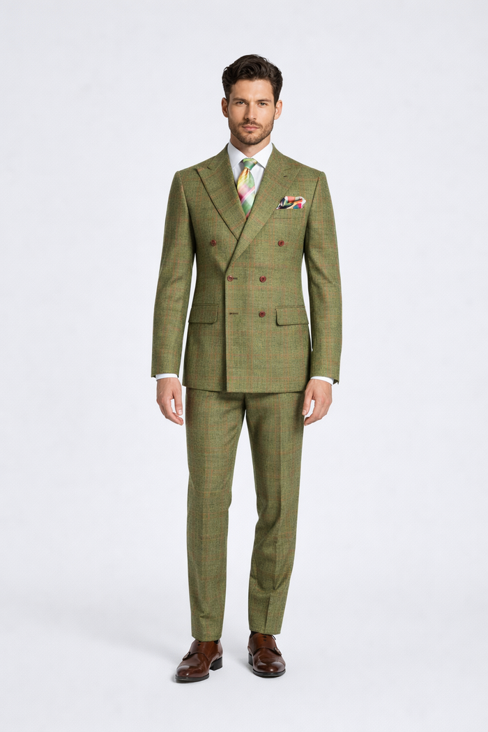 Rossiman Suit – Sage Green & Burnt Orange Windowpane Plaid Double-Breasted Suit
