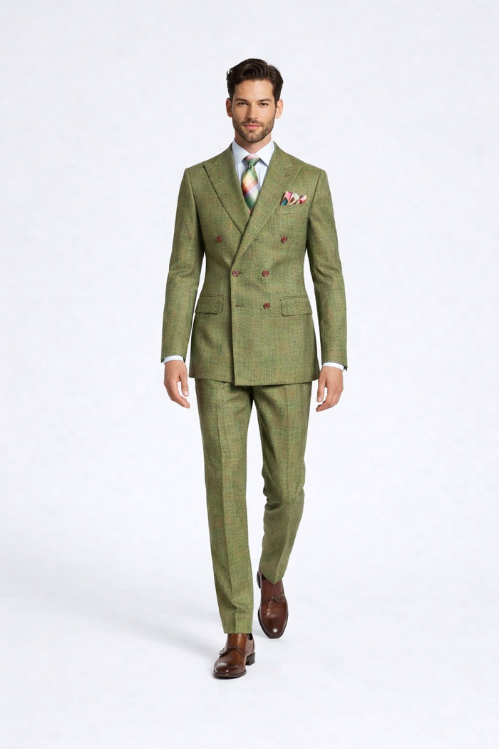 Rossiman Suits Brand - Plaid Textured Double breasted Style - Windowpane Pattern in Color Sage Green and Burnt Orange