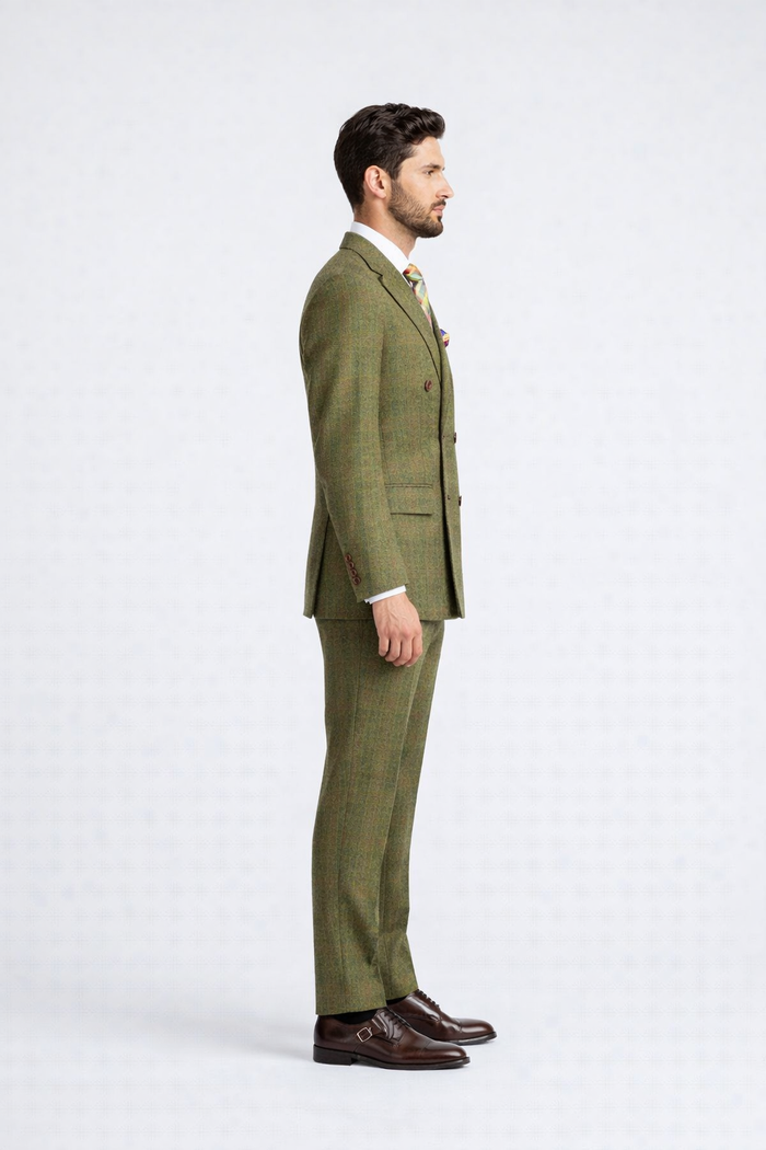 Rossiman Suit – Sage Green & Burnt Orange Windowpane Plaid Double-Breasted Suit