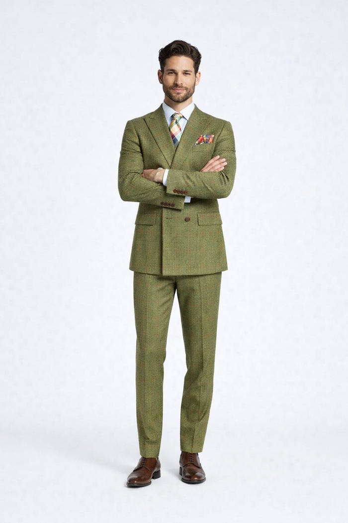 Rossiman Suit – Sage Green & Burnt Orange Windowpane Plaid Double-Breasted Suit