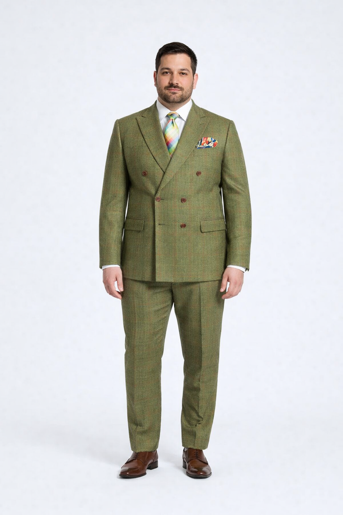 Rossiman Suit – Sage Green & Burnt Orange Windowpane Plaid Double-Breasted Suit