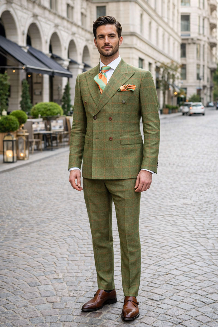 Rossiman Suit – Sage Green & Burnt Orange Windowpane Plaid Double-Breasted Suit