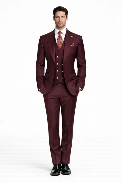 Rossiman Burgundy Suit for Men – Peak Lapel 1-Button Jacket & Double-Breasted Vest