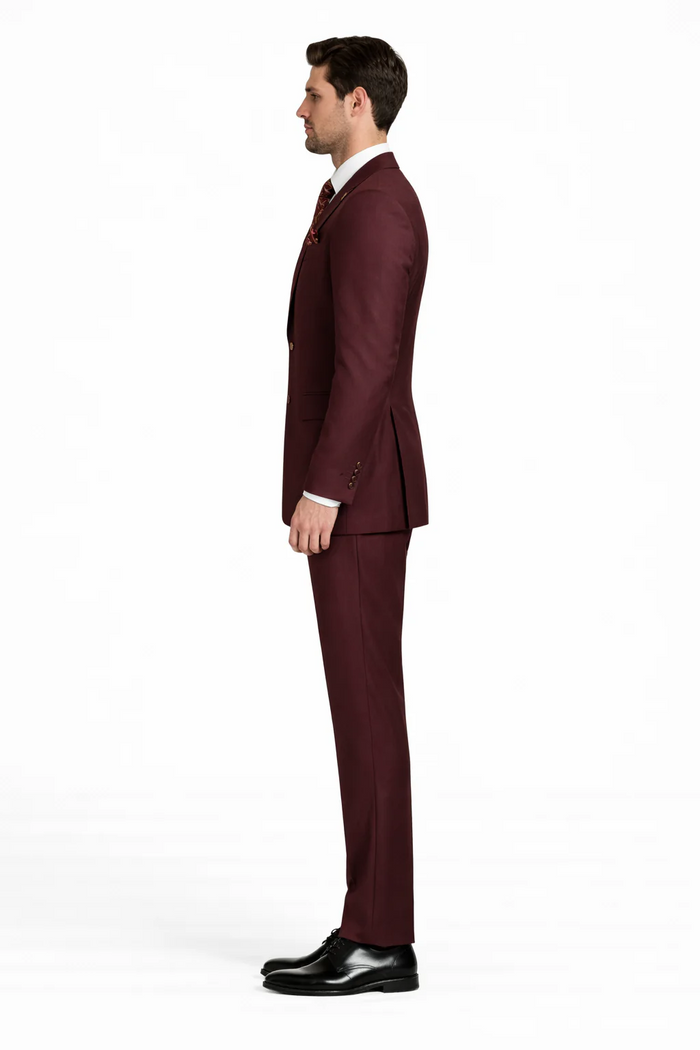 Rossiman Burgundy Suit for Men – Peak Lapel 1-Button Jacket & Double-Breasted Vest