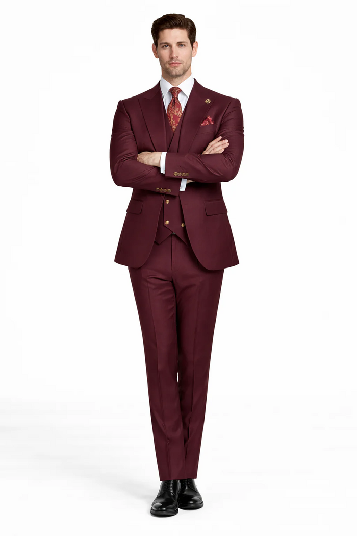 Rossiman Brand Burgundy Suits - 1 Button Suit Peak Lapel Double Breasted Vest