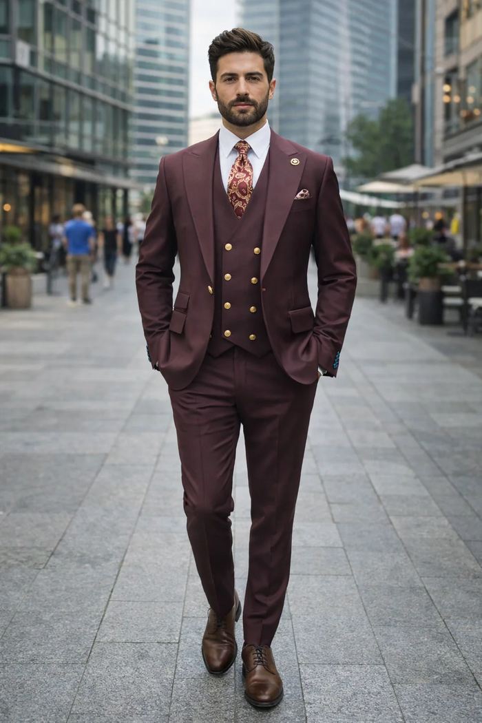 Rossiman Brand Burgundy Suits - 1 Button Suit Peak Lapel Double Breasted Vest