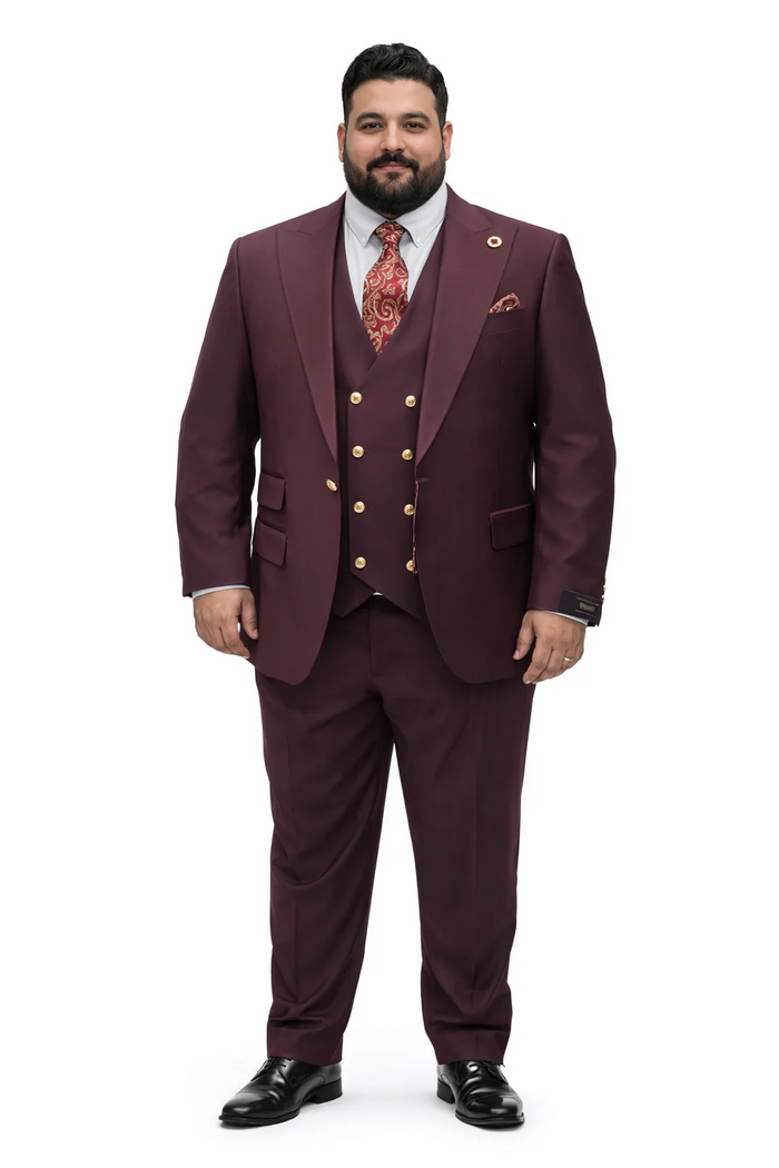 Rossiman Brand Burgundy Suits - 1 Button Suit Peak Lapel Double Breasted Vest
