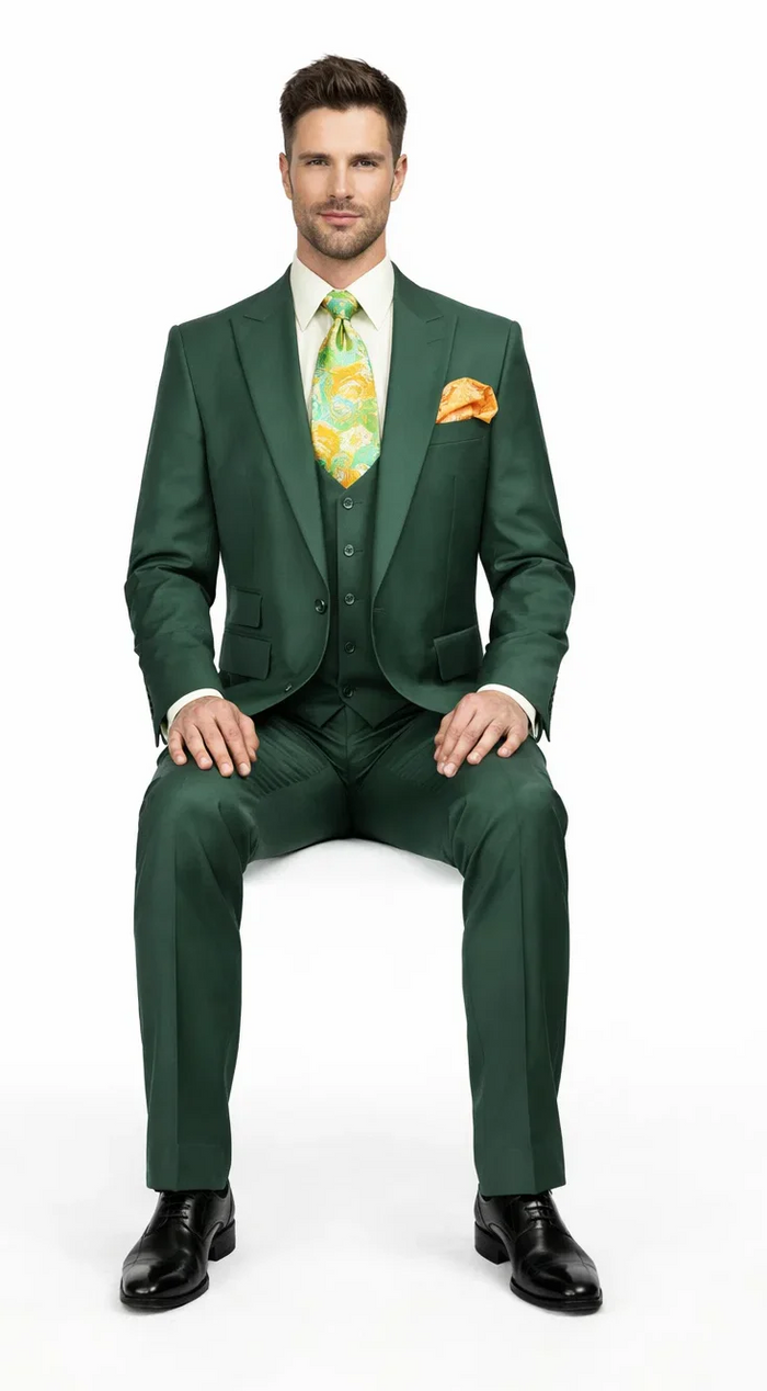 Rossiman Hunter Green Men's Slim-fit Suit Vested Flat Front Pants