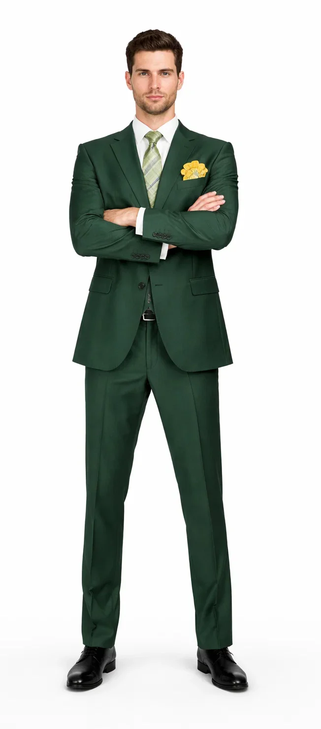 Rossiman Hunter Green Men's Slim-fit Suit Vested Flat Front Pants