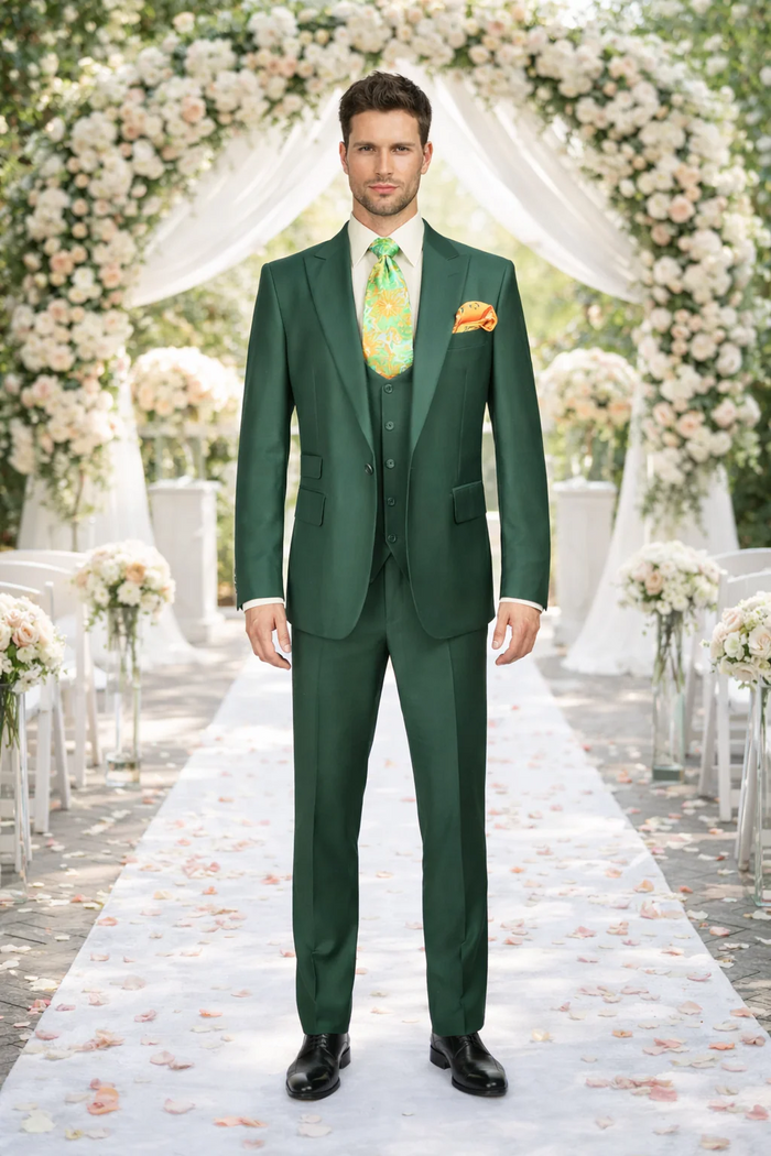 Rossiman Hunter Green Men's Slim-fit Suit Vested Flat Front Pants