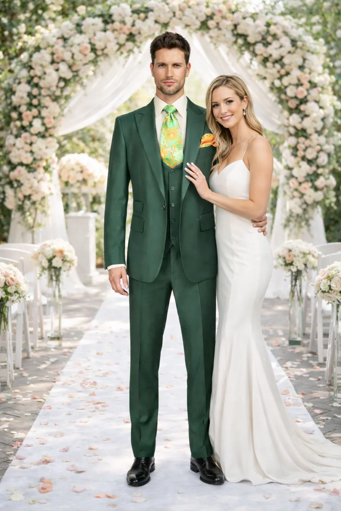 Rossiman Hunter Green Slim Fit Men's Suit – 3-Piece Vested Set with Flat Front Trousers