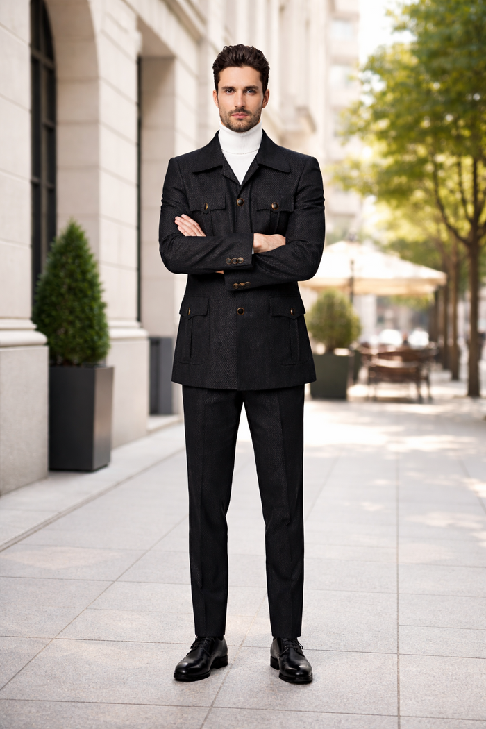 Black Safari Walking Suit for Men – Rossiman Utility Jacket and Trousers Set