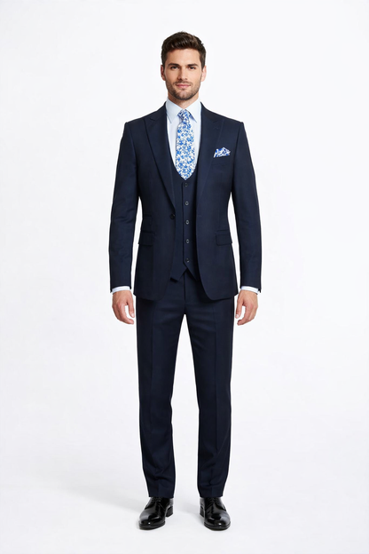 Rossiman Men’s Formal Blue Suit – Slim Fit Design with Vest and Trousers