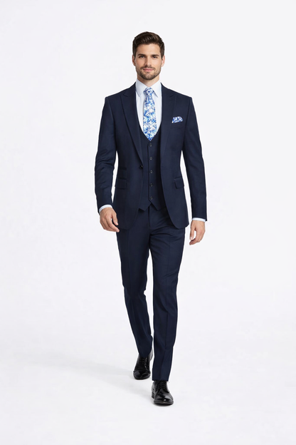 Rossiman Men’s Formal Blue Suit – Slim Fit Design with Vest and Trousers