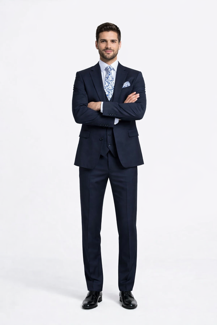 Rossiman Men’s Formal Blue Suit – Slim Fit Design with Vest and Trousers