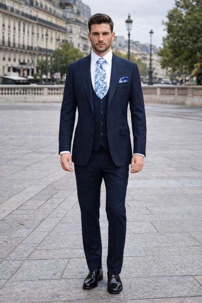 Rossiman Men’s Formal Blue Suit – Slim Fit Design with Vest and Trousers