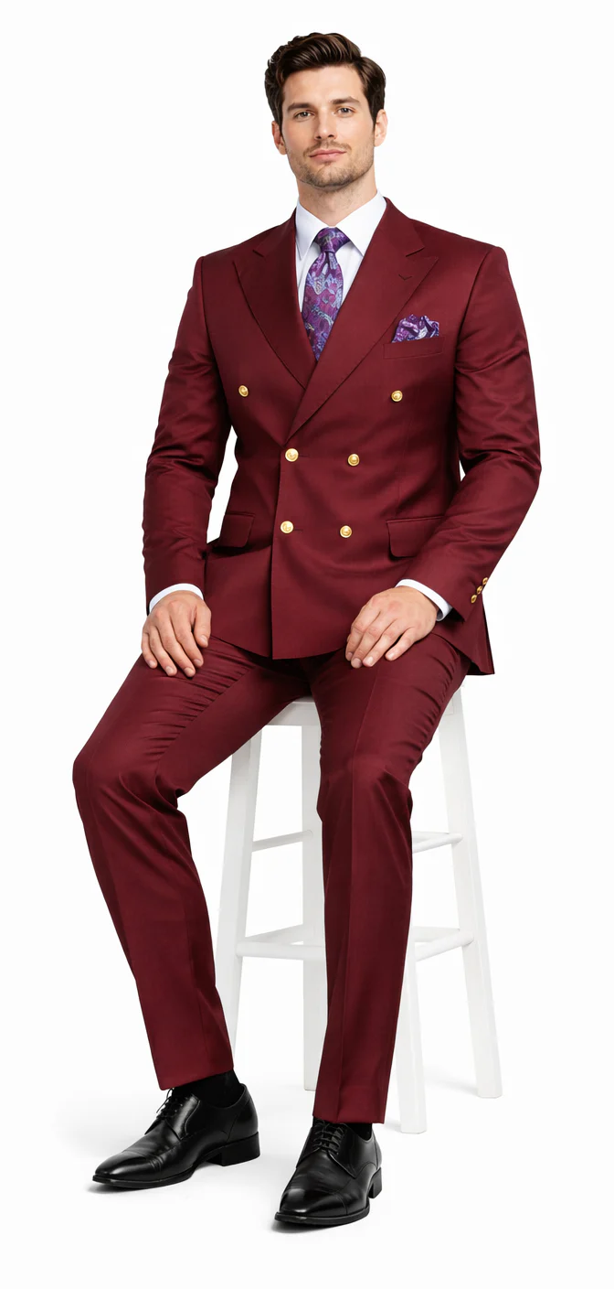 Rossiman Burgundy Men's Suit Double Breasted Slim Fit
