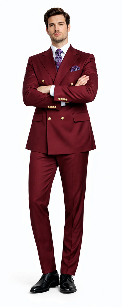 Rossiman Burgundy Men's Suit Double Breasted Slim Fit