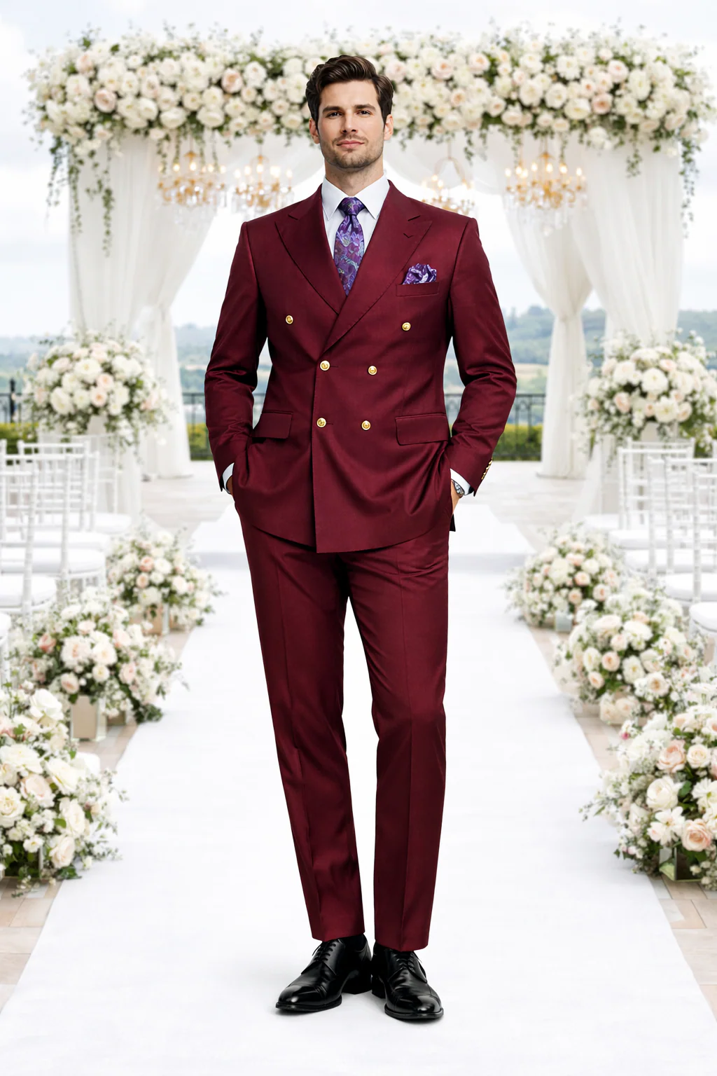 Rossiman Burgundy Men's Suit Double Breasted Slim Fit