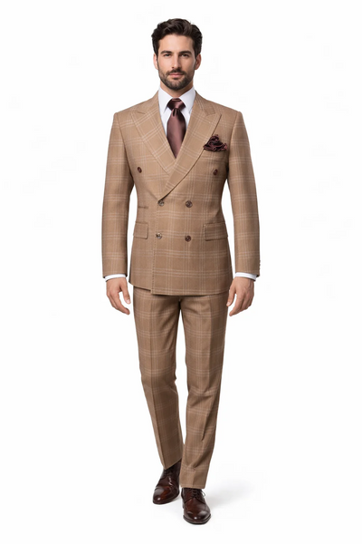 Tan Windowpane Plaid Suit – Rossiman Double-Breasted Men’s Two-Piece in Camel