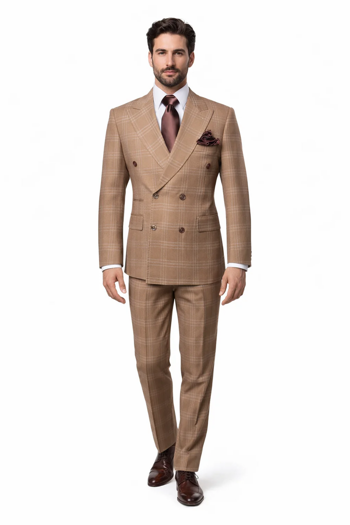 Men's Tan Plaid Double-Breasted Suit ƒ?? Classic Windowpane Two-Piece Formal Suit - Camel Color Suit By Rossiman