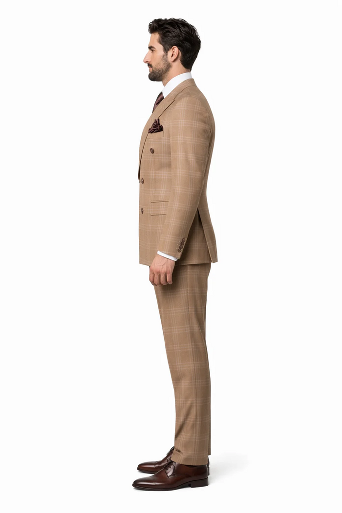 Men's Tan Plaid Double-Breasted Suit ƒ?? Classic Windowpane Two-Piece Formal Suit - Camel Color Suit By Rossiman