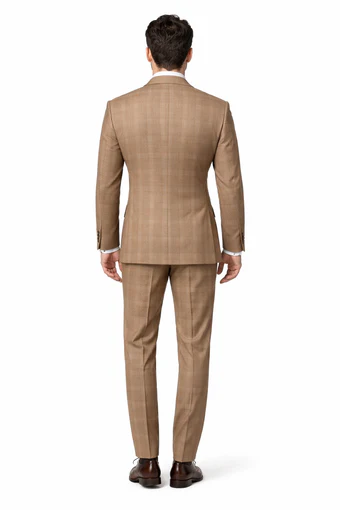 Tan Windowpane Plaid Suit – Rossiman Double-Breasted Men’s Two-Piece in Camel