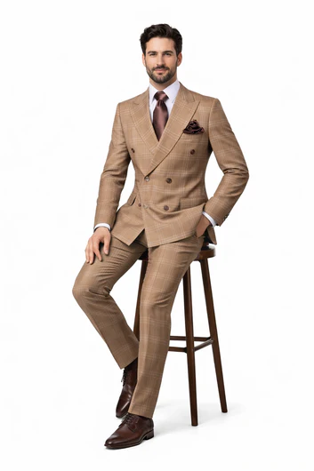 Men's Tan Plaid Double-Breasted Suit ƒ?? Classic Windowpane Two-Piece Formal Suit - Camel Color Suit By Rossiman