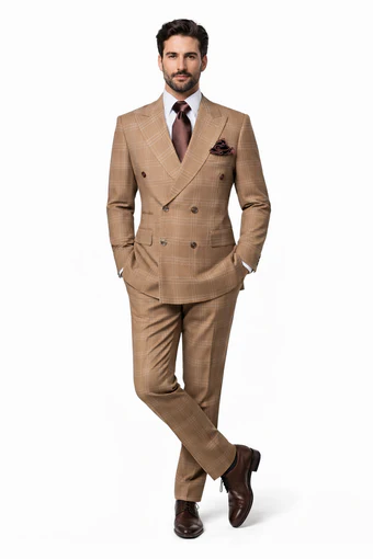 Men's Tan Plaid Double-Breasted Suit ƒ?? Classic Windowpane Two-Piece Formal Suit - Camel Color Suit By Rossiman