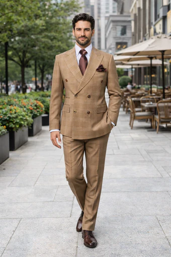 Men's Tan Plaid Double-Breasted Suit ƒ?? Classic Windowpane Two-Piece Formal Suit - Camel Color Suit By Rossiman