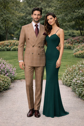 Men's Tan Plaid Double-Breasted Suit ƒ?? Classic Windowpane Two-Piece Formal Suit - Camel Color Suit By Rossiman