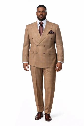 Men's Tan Plaid Double-Breasted Suit ƒ?? Classic Windowpane Two-Piece Formal Suit - Camel Color Suit By Rossiman