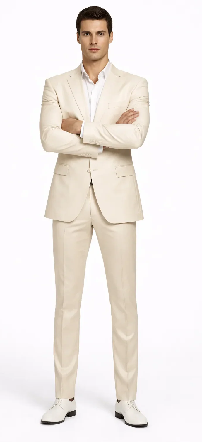 Rossiman Men’s Cream Sateen Suit – Elegant Glossy Formalwear