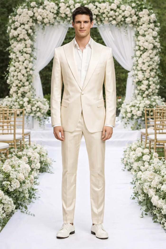 Rossiman Men’s Cream Sateen Suit – Elegant Glossy Formalwear