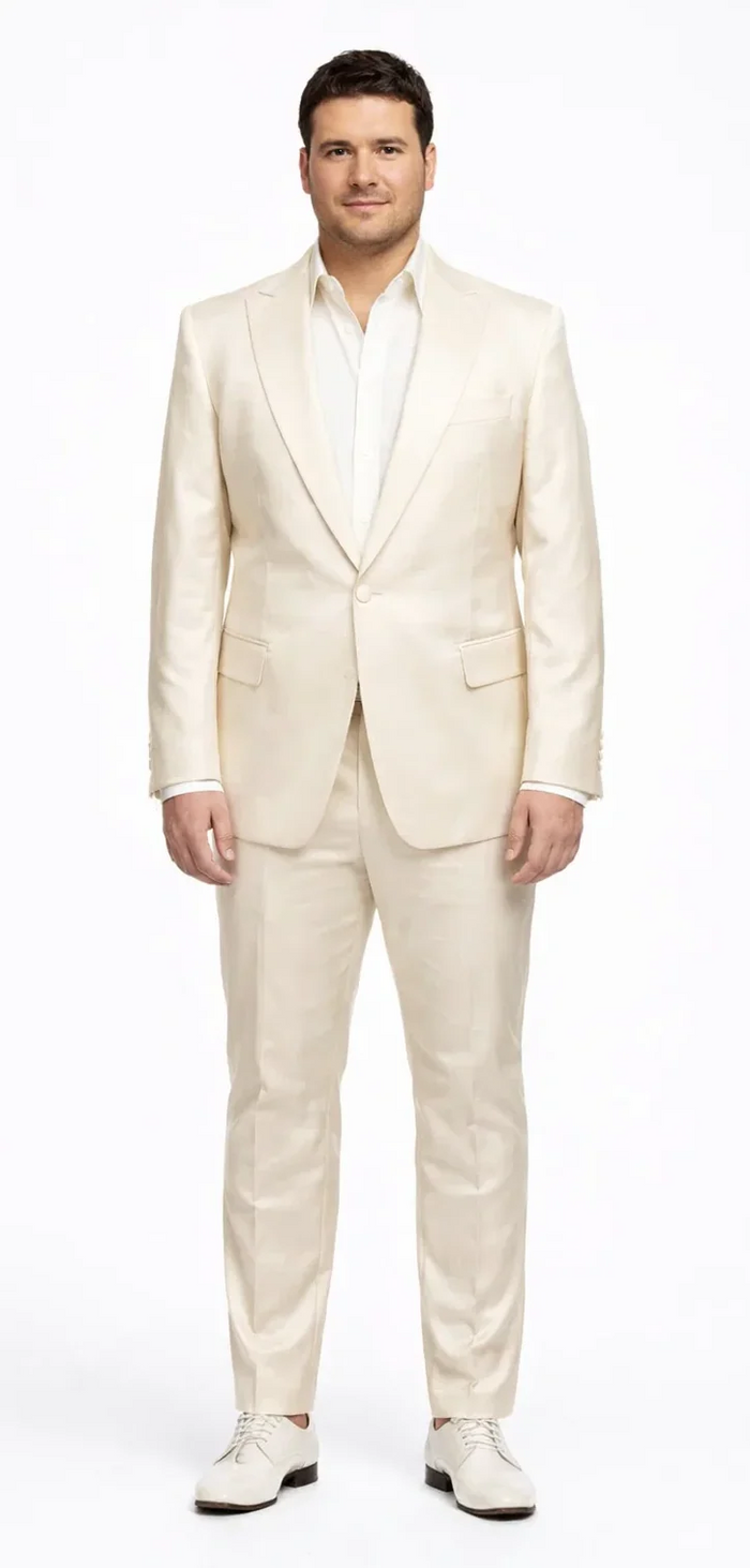 Rossiman Men’s Cream Sateen Suit – Elegant Glossy Formalwear