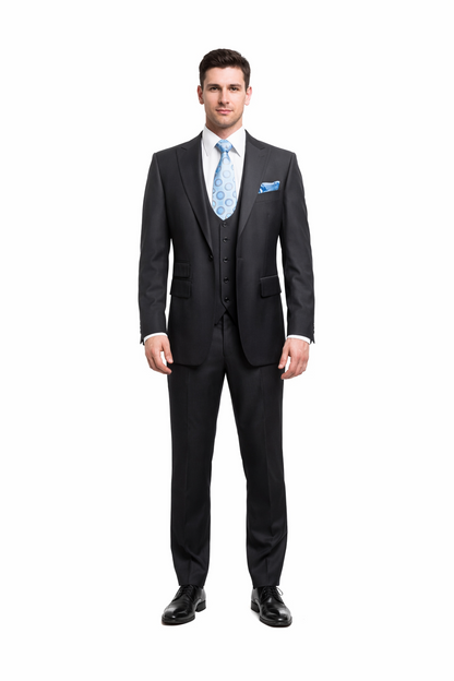Rossiman Men's Dark Gray Slim Fit Suit – 3-Piece Vested Set with Flat Front Pants